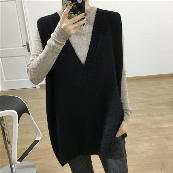 Korean style casual loose cashmere vest women's knitted vest outer sleeveless sweater mid-length pullover wool vest