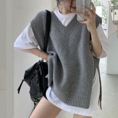 V-neck cashmere vest for women, Korean loose knitted vest, sleeveless sweater, mid-length pullover wool vest