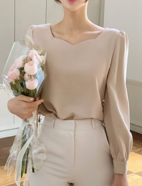 Korean chic temperament simple love square collar puff sleeve versatile pullover gentle solid color shirt