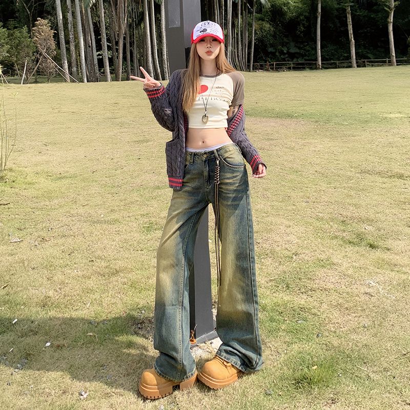 Autumn and winter new American high street straight wide leg jeans retro distressed loose casual jeans