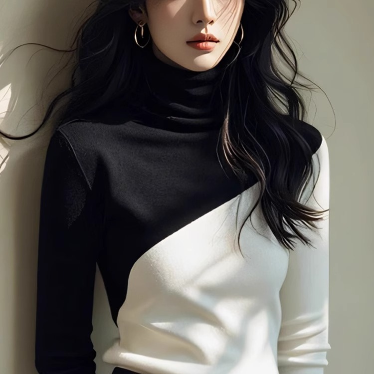 Stylish and versatile, black and white contrasting high-neck long-sleeved sweater for women in autumn and winter, unique cold style bottoming shirt