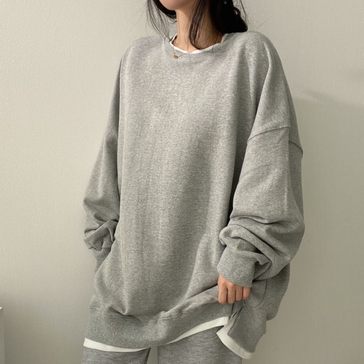 Cotton fake two-piece sweatshirt women's loose top loose and versatile plus velvet spring and autumn solid color jacket ins trend brand