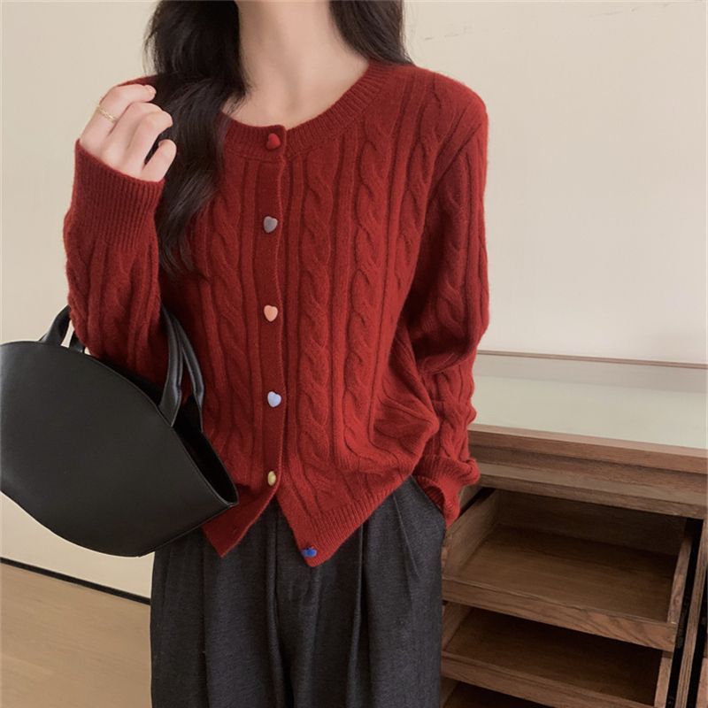 Fashionable commuting sweater with design love color button twist knitted cardigan