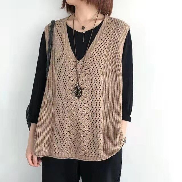 Knitted Vest Women's Vest Spring and Autumn New Style Women's Loose Large Size Crocheted Hollow Outer V-neck Waistcoat Top
