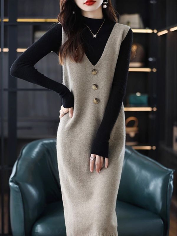 Knitted vest vest dress for women's outer wear spring and autumn new mid-length loose knee-length sleeveless sweater dress