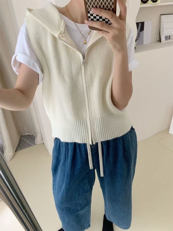Drawstring hooded sleeveless vest for women autumn new layered loose lazy zipper sweater cardigan