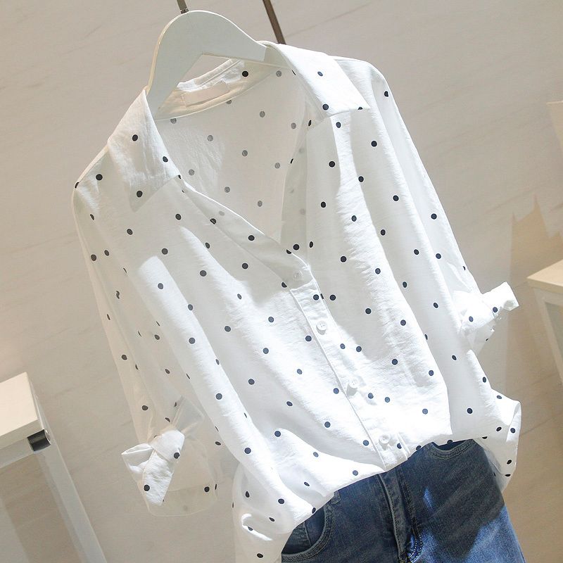 New Korean style white polka dot shirt women's mid-sleeve loose casual cotton and linen V-neck shirt