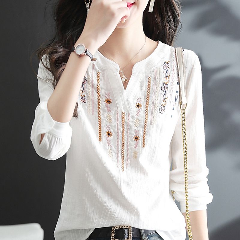 Pure cotton shirt plus size fashionable long sleeve spring and autumn new ethnic style embroidered fashion versatile V-neck shirt