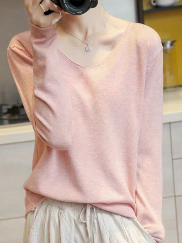 V-neck thin sweater women's loose Korean style knitted inner layering shirt long-sleeved sweater top white sweater