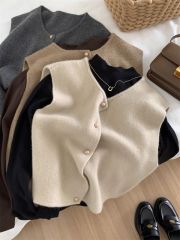 French retro small gold button round neck knitted vest for women, loose Korean style, versatile, gentle, slimming, autumn and winter layered sweater