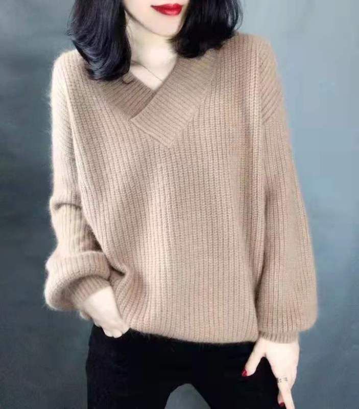 chic European station autumn and winter new lantern sleeve mohair sweater women's pullover loose thickened V-neck bottoming shirt trendy