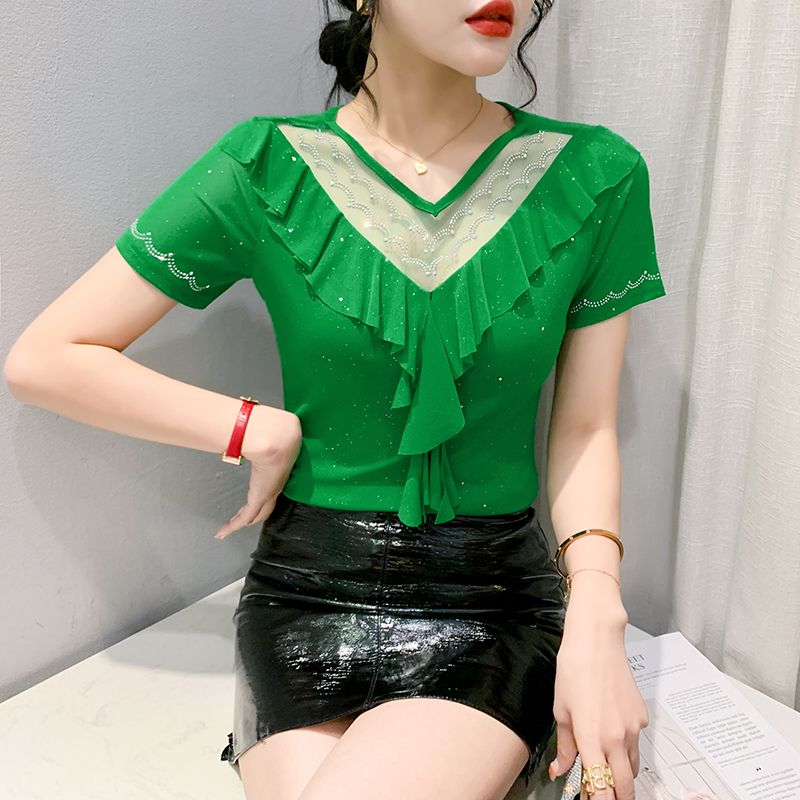 Summer new style mesh heavy industry hot diamond fashion ruffled V-neck hollow versatile T-shirt short-sleeved women