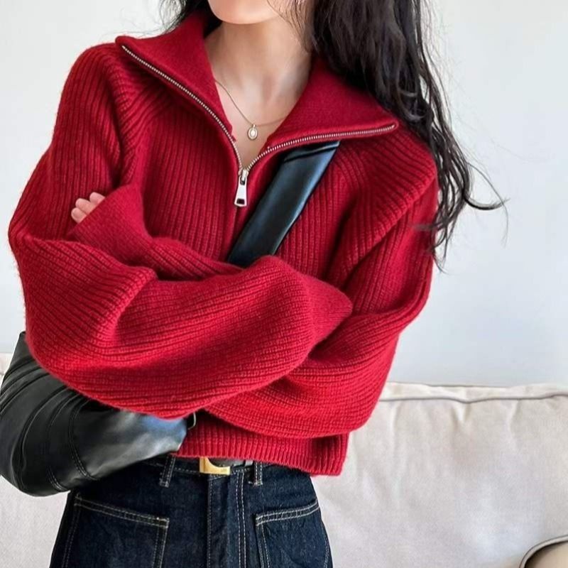 New autumn and winter Korean style loose stand-up collar design half-zip short zipper sweater for women
