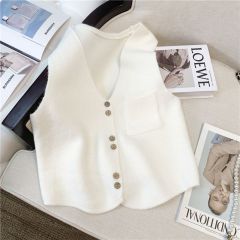Real shot of college style V-neck simple outer sleeveless fresh and sweet solid color cardigan knitted vest