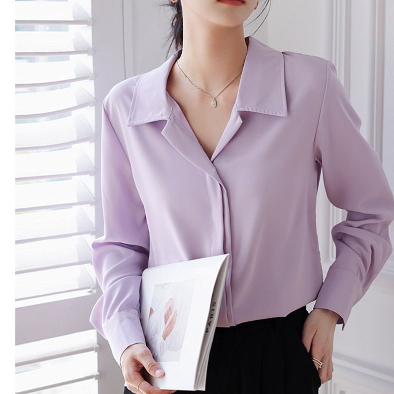 Autumn Purple Shirt Women's Lazy Style Back Slit Design Niche Wide Placket V-Neck Long Sleeve Shirt