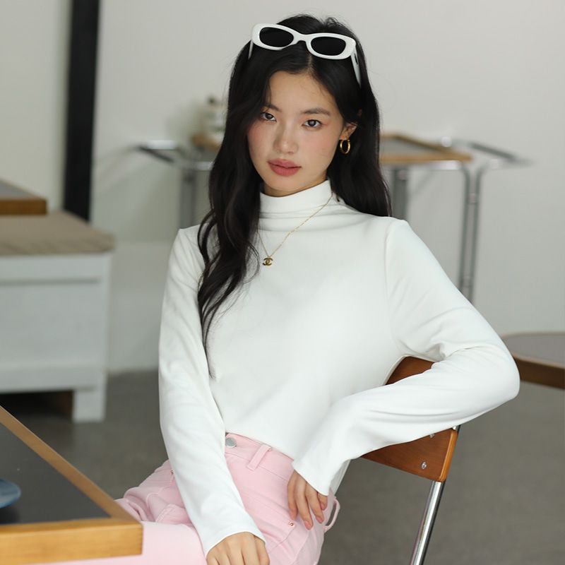 Autumn and winter bottoming shirts for women, casual tops for women, bulked velvet simple mid-collar sweaters with long sleeves inside