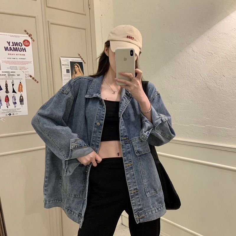 Denim jacket for women winter new Korean style loose BF versatile student Harajuku retro long-sleeved top for women