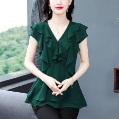 Summer short-sleeved chiffon shirt for women, ruffled v-neck design top, slim fit shirt, versatile shirt