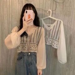 Spring and Autumn New Korean Style Retro Crocheted Hollow Western Design Top Spliced ​​Long Sleeve Lace Shirt Women's Clothing