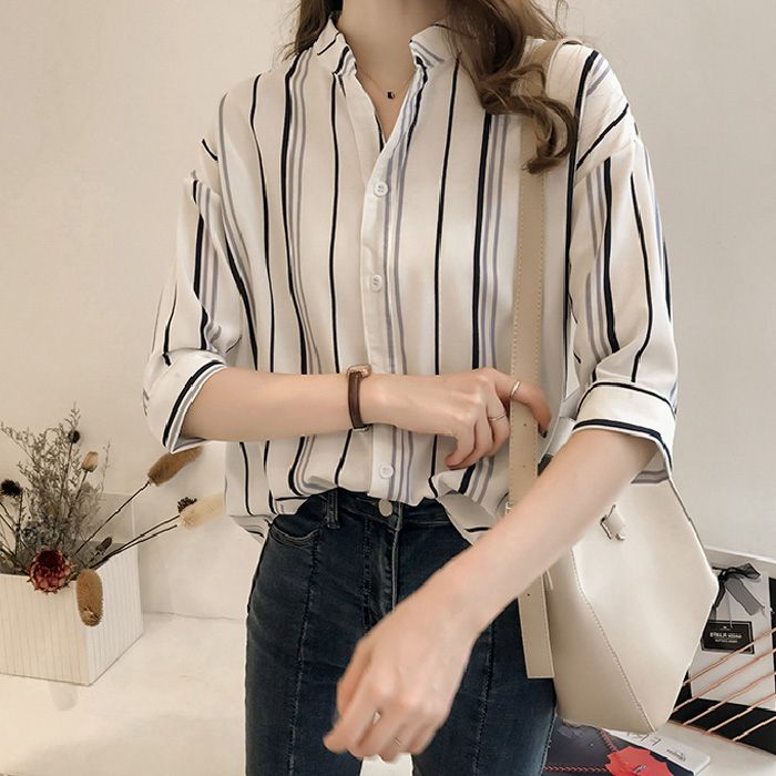 Korean style shirt women's design niche fat MM striped chiffon mid-sleeve new bottoming shirt V-neck large size top