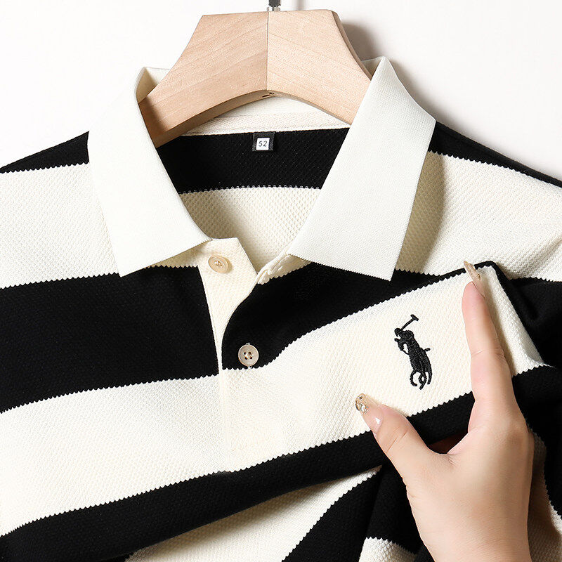 Middle-aged men's autumn long-staple cotton long-sleeved T-shirts, long-staple cotton dad's spring and autumn striped POLO shirts, fashionable bottoming