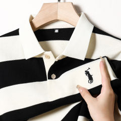 Middle-aged men's autumn long-staple cotton long-sleeved T-shirts, long-staple cotton dad's spring and autumn striped POLO shirts, fashionable bottoming