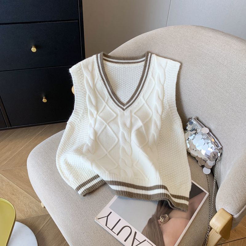 Korean style autumn new college style V-neck contrast sweater, versatile outer wear knitted vest top