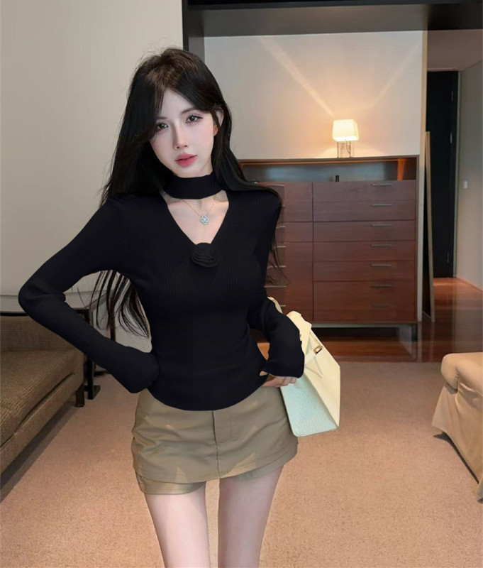Pure Desire Retro Rose V-neck Hollow Halter Slim Fit Knitted Sweater Bottoming Top for Women