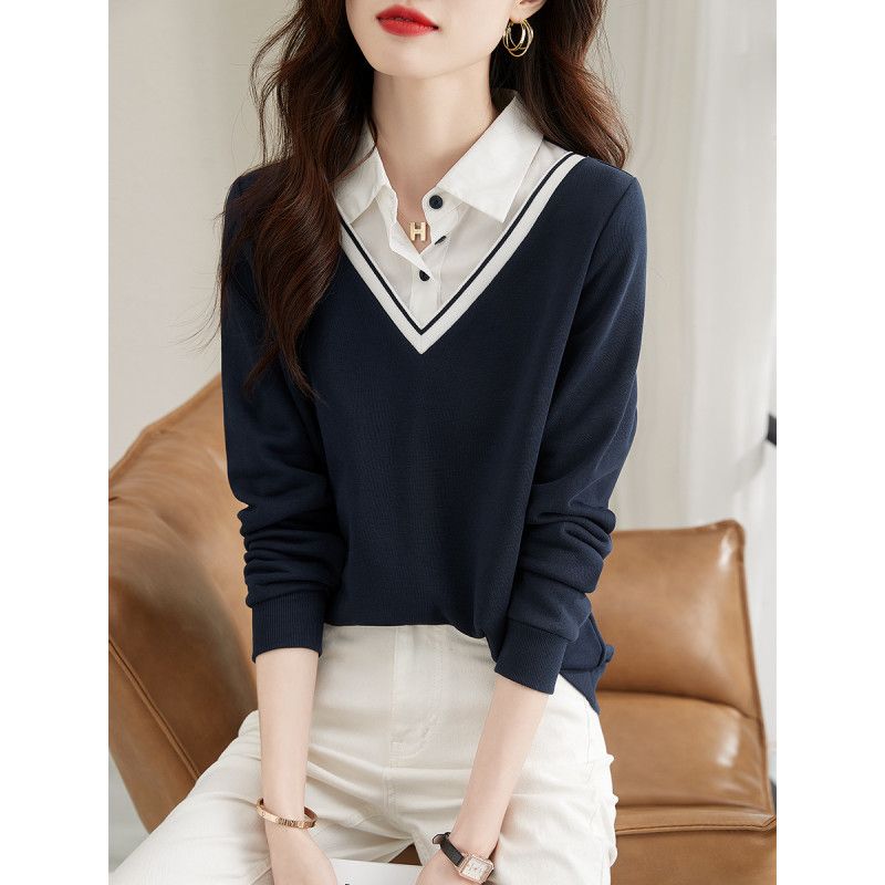 Fashionable and versatile fake two-piece spring and autumn new slimming and loose age-reducing women's sweatshirts