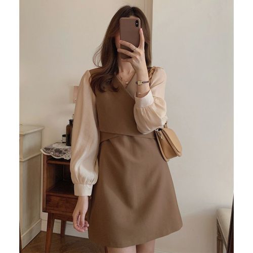 Temperament Girls Series Autumn Patchwork Slimming Short Dress Women's Long Sleeve Waist Slimming Skirt