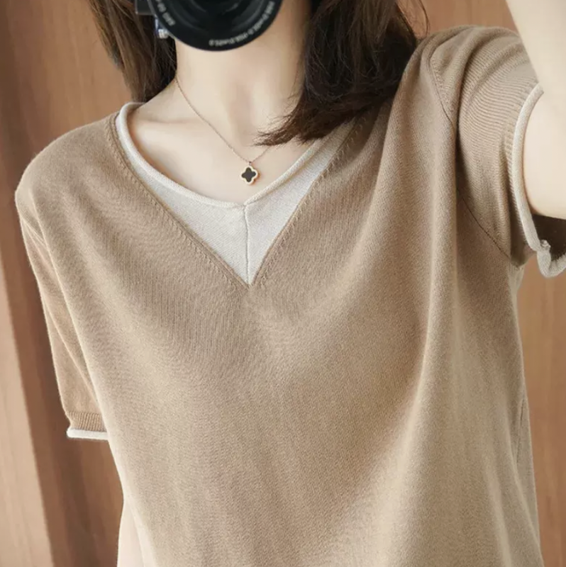Short-sleeved cotton t-shirt summer women's new V-neck loose Korean top fake two-piece knitted bottoming shirt for women