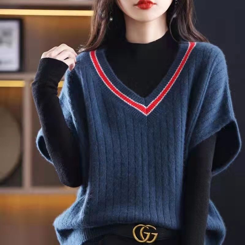 Vest for women new style bat style vest contrasting color V-neck autumn and winter thickened knitted vest bottoming shirt sweater for women