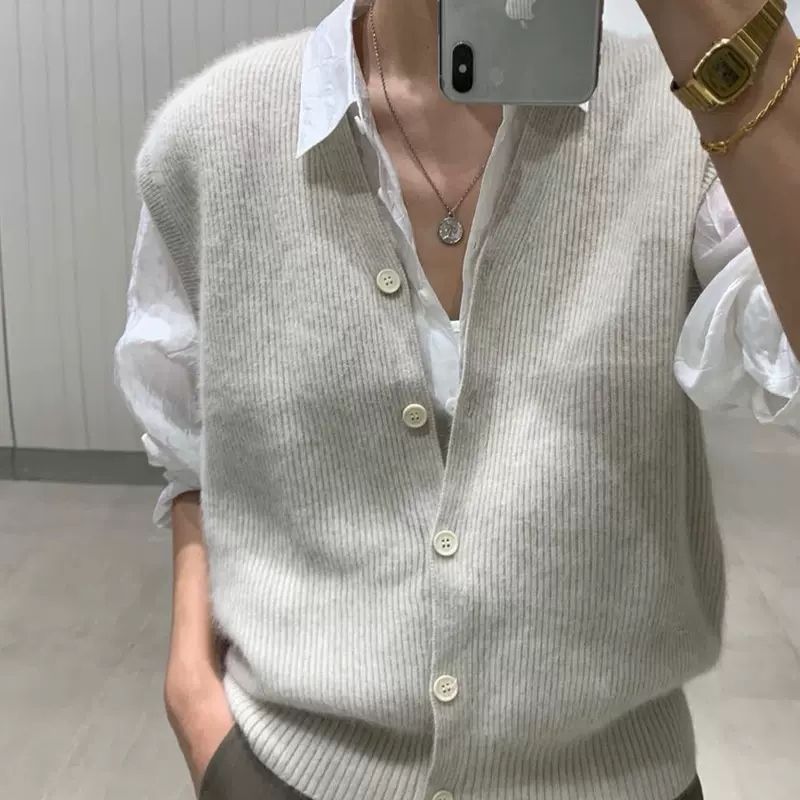 Cashmere Vest Vest Knitted Cardigan Women's V-neck Loose Japanese Style Spring and Autumn Stacking Wool Waistcoat Vest Outerwear