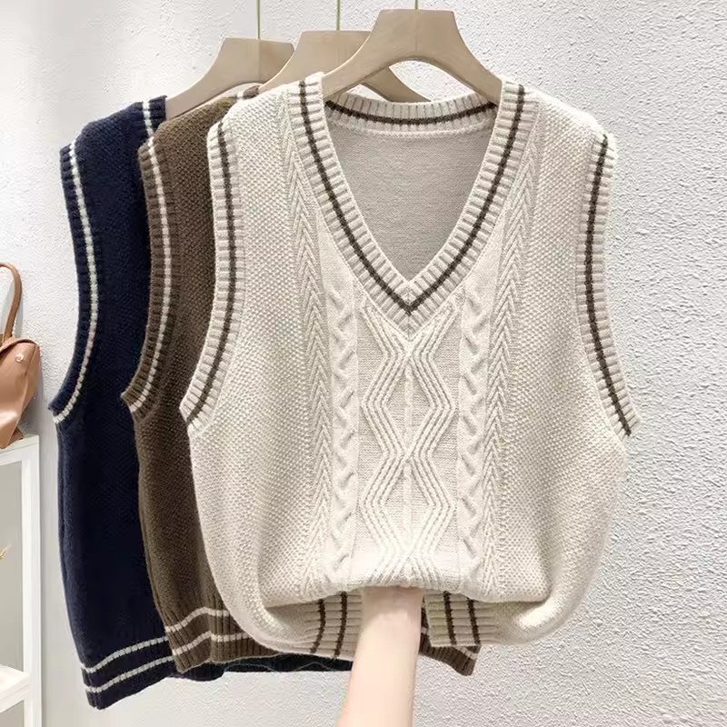 Cashmere knitted vest for women autumn new British college style loose v-neck stacked sweater vest vest