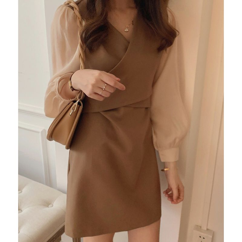 Temperament Girls Series Autumn Patchwork Slimming Short Dress Women's Long Sleeve Waist Slimming Skirt