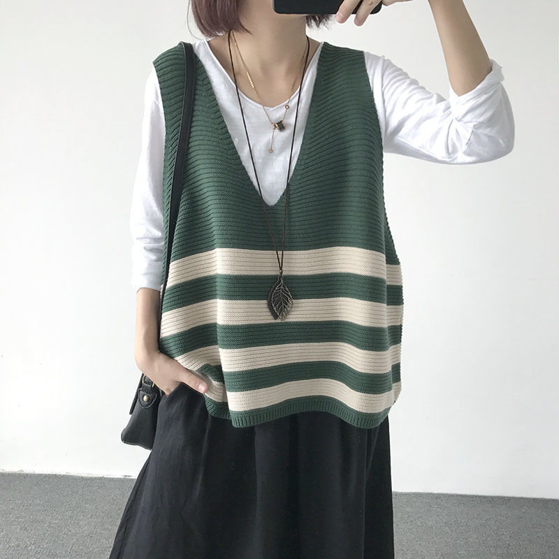 New autumn clothing, large size waistcoat vest, loose V-neck striped knitted vest, sweater vest, women's top
