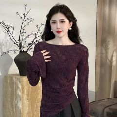 Round neck slightly see-through embroidered jacquard thin trumpet sleeve T-shirt women's spring and autumn slimming bottoming top