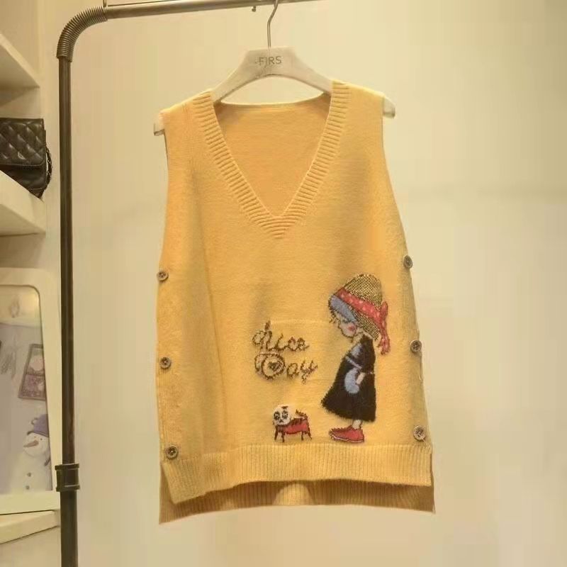 Large size spring and autumn new vest women's knitted sweater women's loose woolen V-neck pullover vest