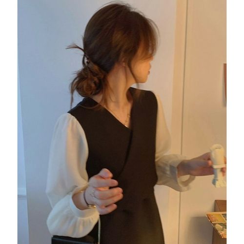 Temperament Girls Series Autumn Patchwork Slimming Short Dress Women's Long Sleeve Waist Slimming Skirt