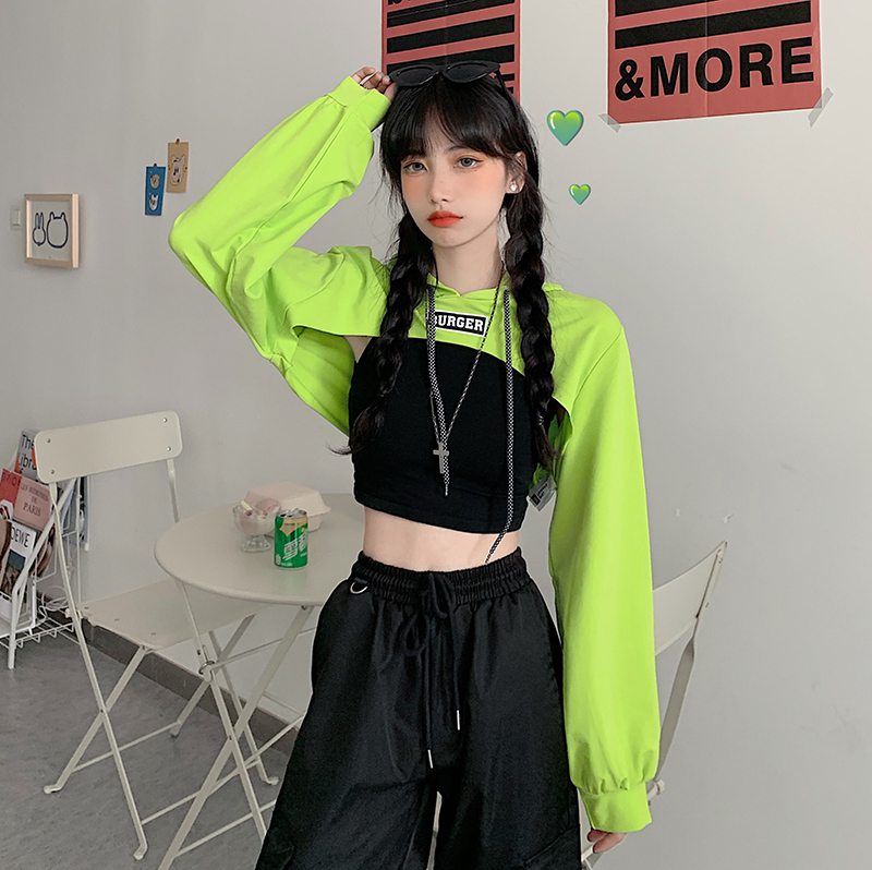 Real shot of thin ultra-short hooded sweatshirt for women high-waisted loose navel-baring hip-hop versatile long-sleeved top