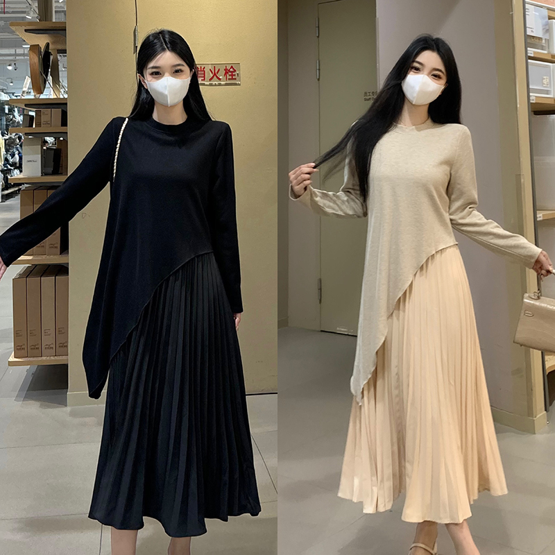 Designed fake two-piece oblique pleated skirt women's autumn long-sleeved dress