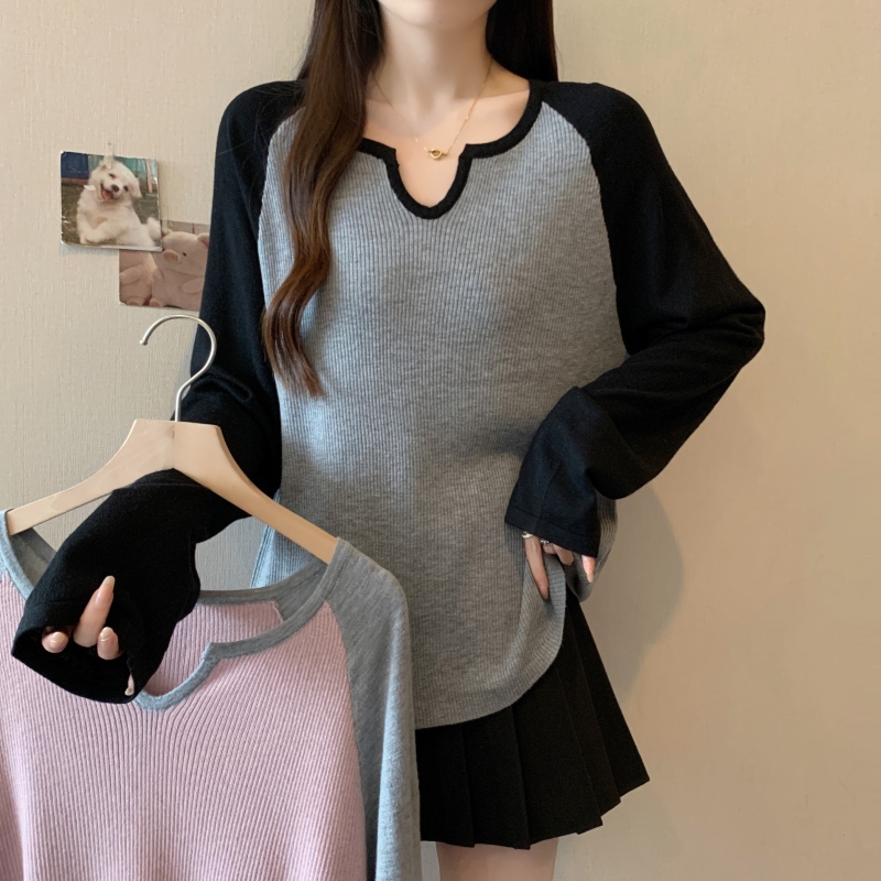 Real shot~Fat girl large size contrasting color raglan sleeve long-sleeved top women's loose slimming sweater