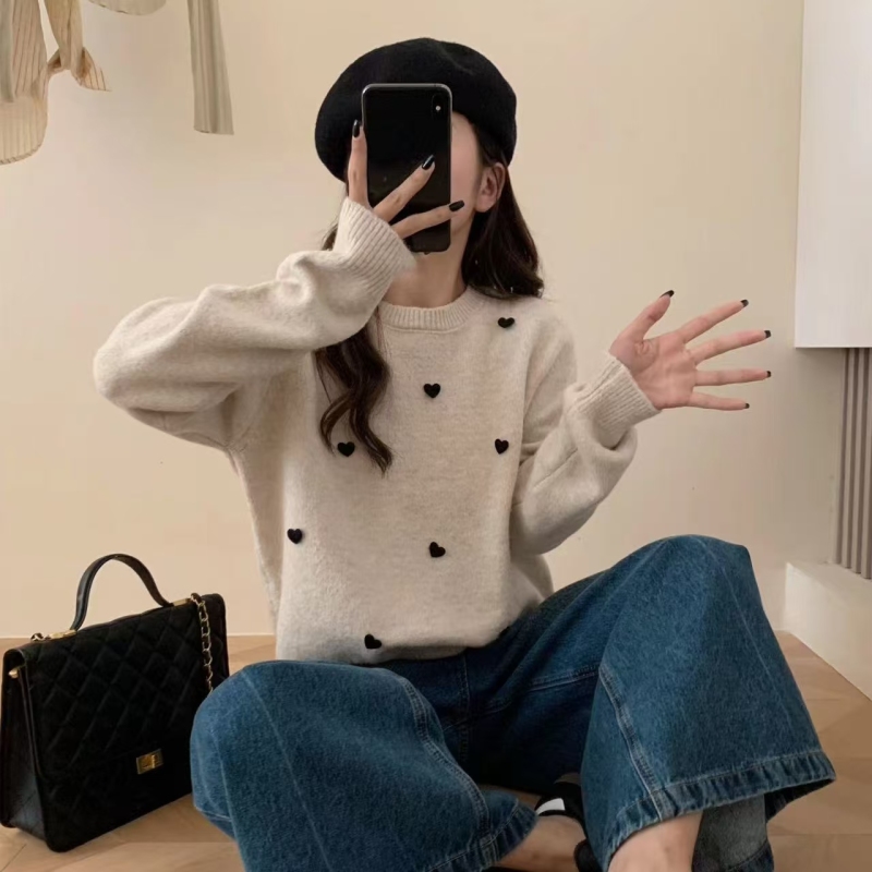 French gentle love printed loose long-sleeved sweater soft waxy sweater