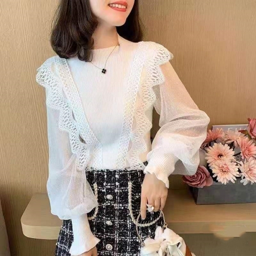 New half turtleneck lace fungus edge chiffon splicing sweater western style bottoming shirt for women