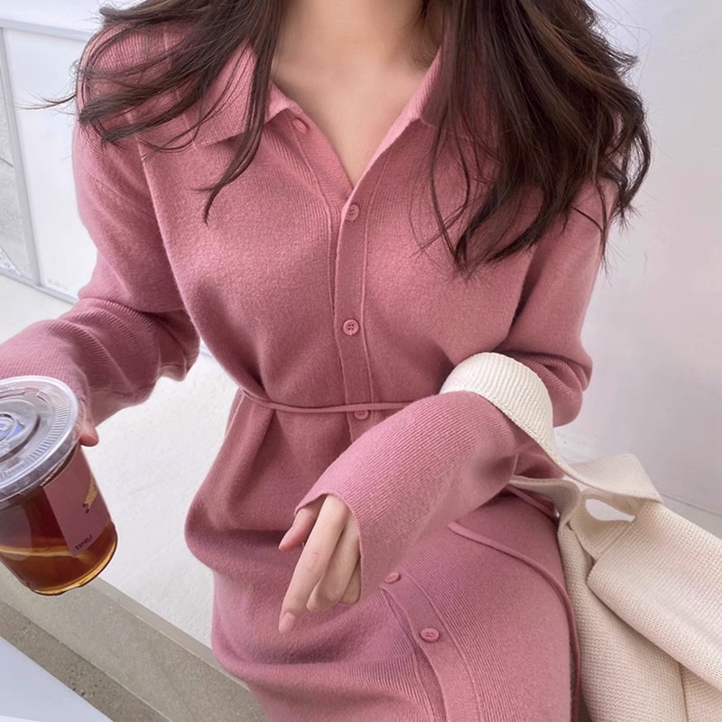 Sweater Dress Women's Cardigan Jacket Autumn and Winter Versatile Over-the-Knee Knitted Dress