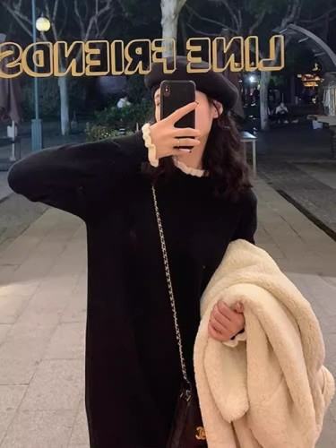 High-end long skirt, black bottoming inner sweater skirt, long-sleeved knitted dress for women