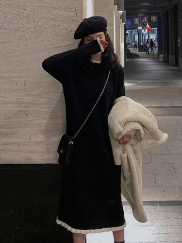 High-end long skirt, black bottoming inner sweater skirt, long-sleeved knitted dress for women