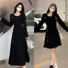 Fat mm temperament slim long-sleeved dress retro waist slimming fashion bottoming knitted long skirt