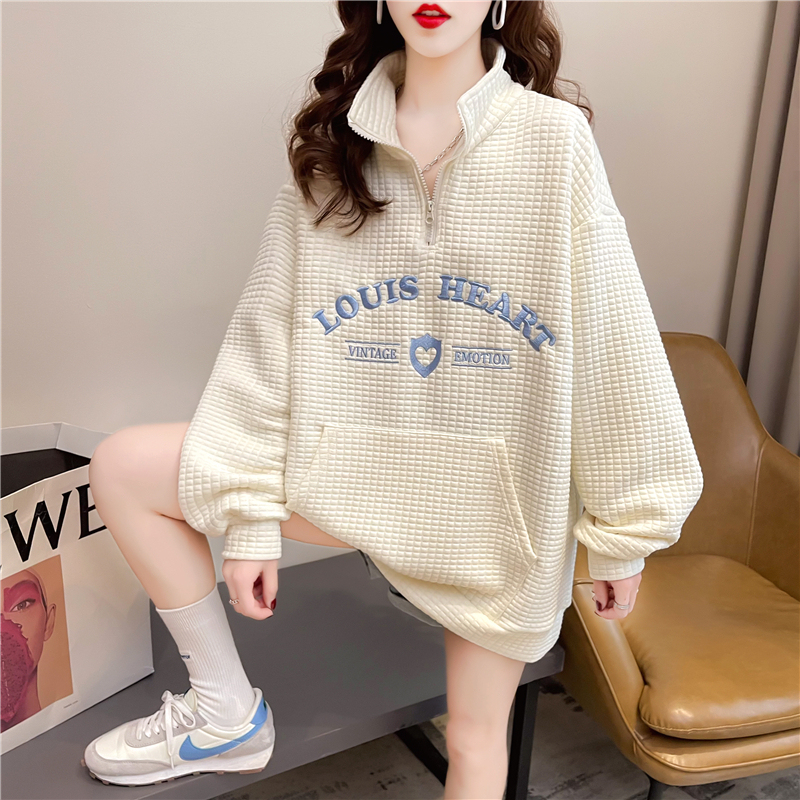 Real shot of waffle embroidered sweatshirt for women spring and autumn Korean version loose bf lazy style lapel top ins trend