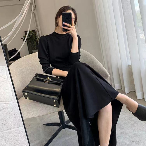 Black long-sleeved dress spring and autumn new Korean style waist slimming internet celebrity wide swing skirt